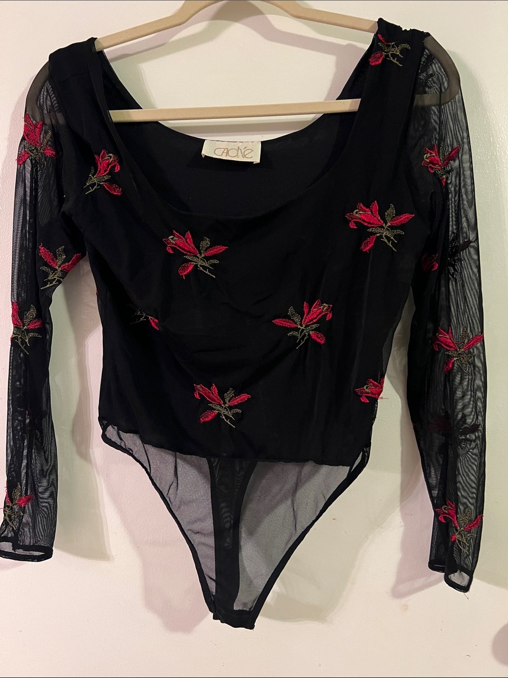 Cache Black Sheer Mesh Bodysuit with Red Floral Embroidery